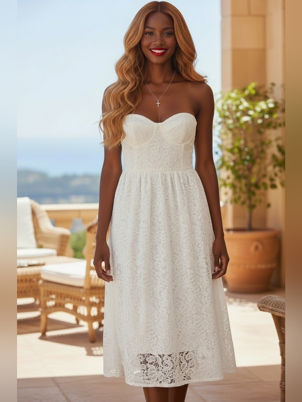 AR'D State White Lace Strapless Sweetheart Midi Dress Lined Boho Bridal Size S